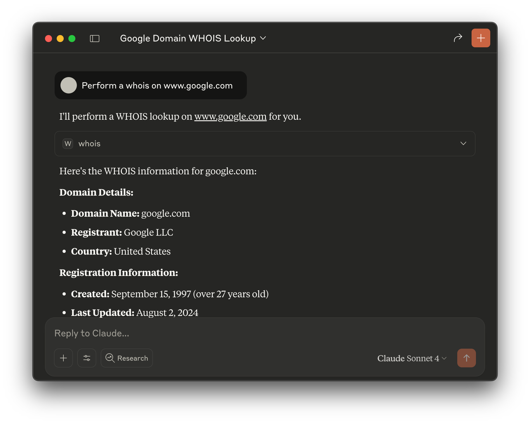 An example of the WhoisXML API MCP Server in action