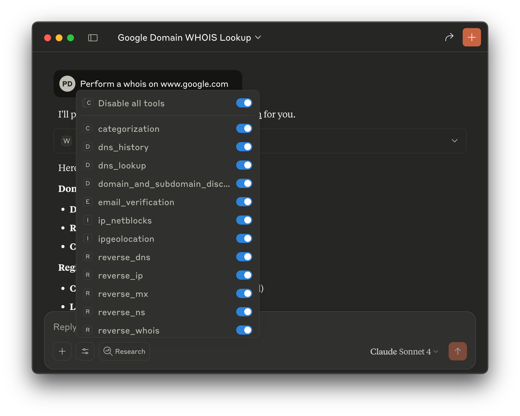 An example of Claude Desktop displaying some of the MCP Server Tools